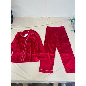 SWOMOG Womens Red Satin Pajama Set Long Sleeve Button Down Sleepwear Size L NEW